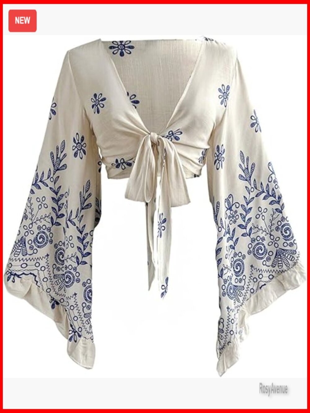 Boho Wrap Crop Top Tie Front Long Bell Sleeve Blouse